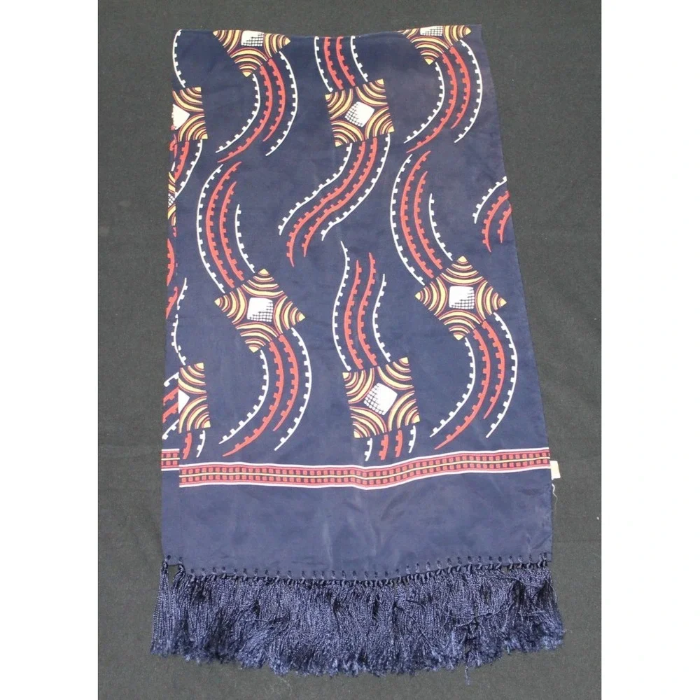 Vintage Rayon Fringe Scarf Navy Blue Red Geometric Abstract Pattern 12x48